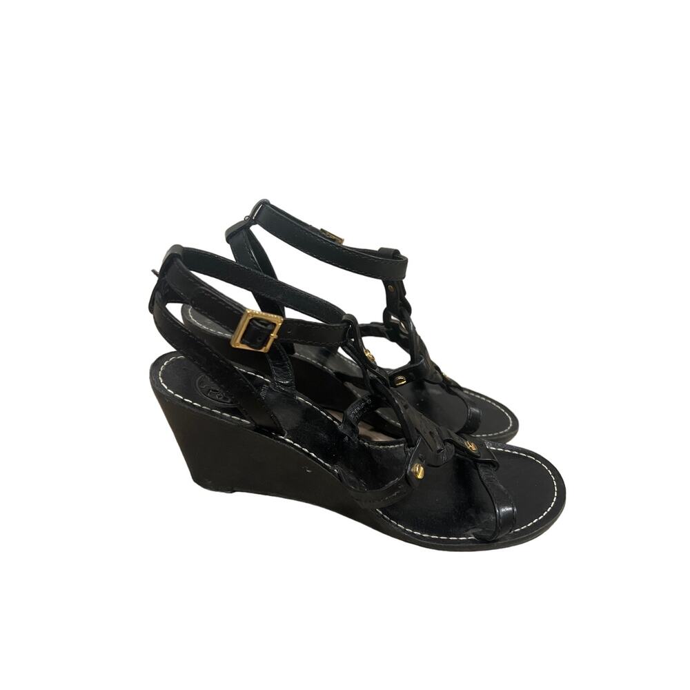 Tory Burch Black Wedge Sandals with Gold Hardware